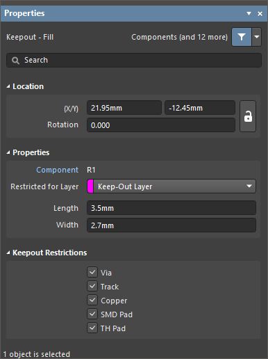 The Keepout - Fill mode of the Properties panel.