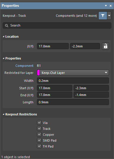 The Keepout - Track mode of the Properties panel.