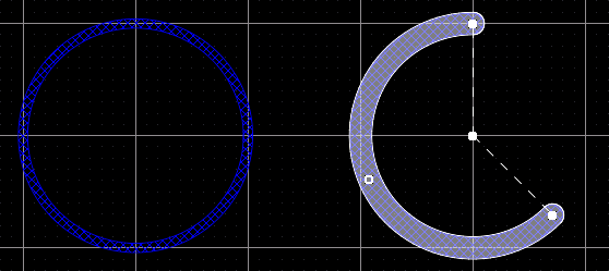 Two bottom layer Keepout Arcs: on the left is a Full Circle Keepout Arc; on the right is a Keepout Arc selected for editing.