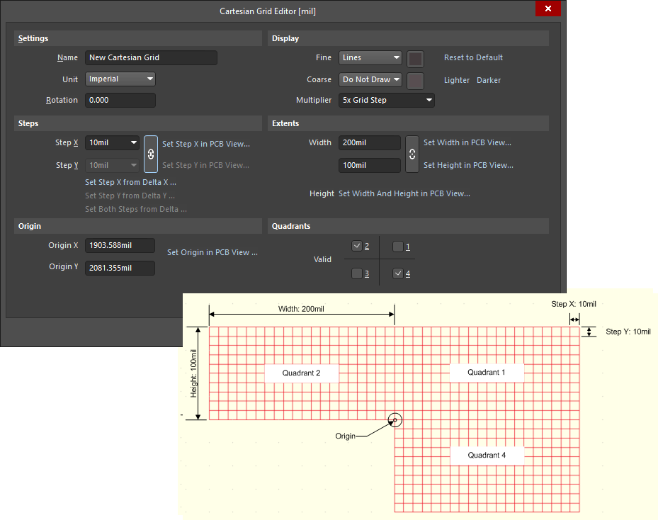 Example Cartesian grid definition, using the Cartesian Grid Editor dialog, and resulting appearance in the design space.