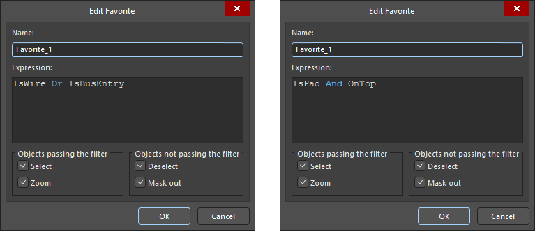 Modify an existing favorite query using the Edit Favorite dialog, shown here for Schematic (left) and PCB (right).