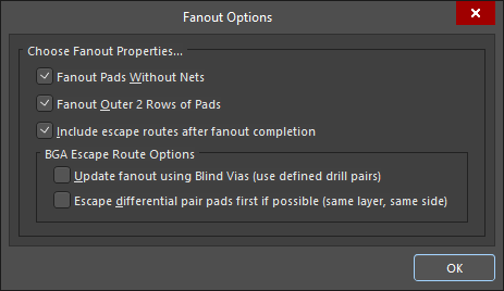 Use the Fanout Options dialog to control fanout and escape routing options.