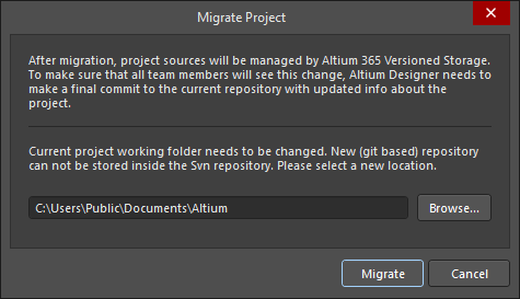 The Migrate Project dialog
