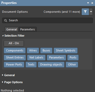 The Schematic and PCB editor Selection Filters are available in the Properties panel when there is nothing selected in the design space.