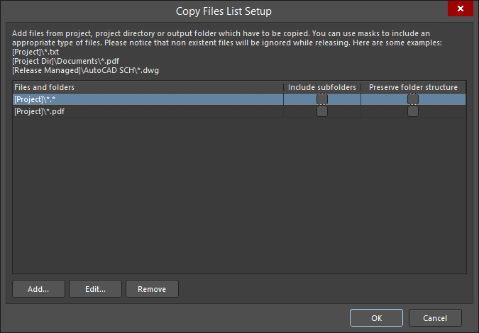 The Copy Files List Setup dialog