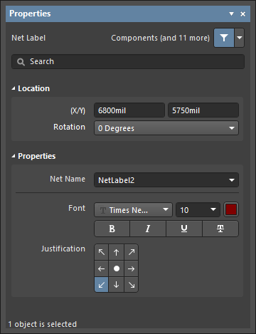 Example Properties panel for a Net Label object.