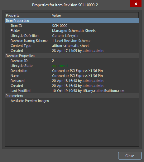 The Properties for Item Revision dialog