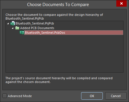 Right-click on a project name then select Show Differences to open the Choose Documents To Compare dialog.