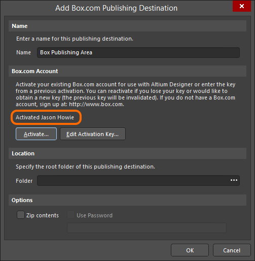 The Add Box.com Publishing Destination dialog reflecting the Box.com account as activated