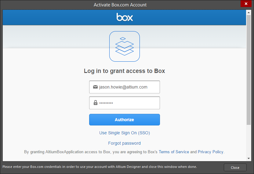Login to your Box.com account in the Activate Box.com Account dialog