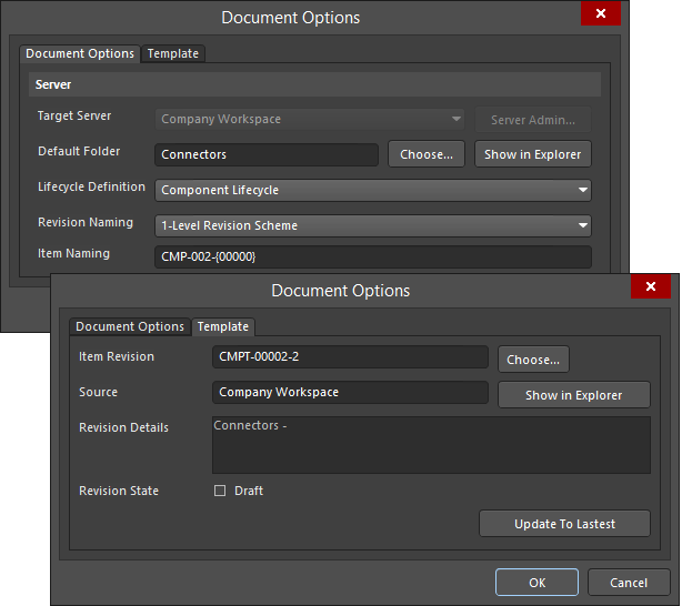 The Document Options and Template tabs of the Document Options dialog