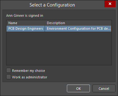 If multiple environment configurations apply to a user, that user will be presented with the choice at the time of connecting to the Workspace, through the Select a configuration dialog
