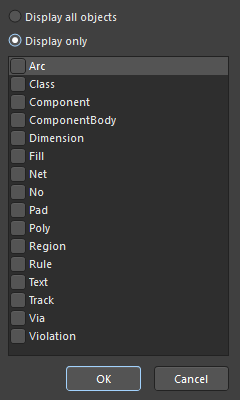 You can select displaying all types of objects in the panel, or displaying only objects of particular type(s).