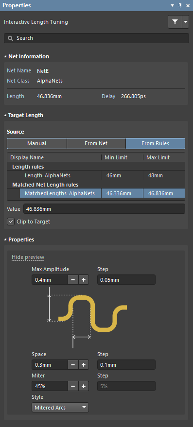 Interactive Length Tuning mode of the Properties panel, use this to configure the tuning accordion's shape and dimensions
