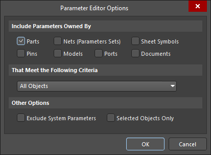 Parameter Editor Options dialog