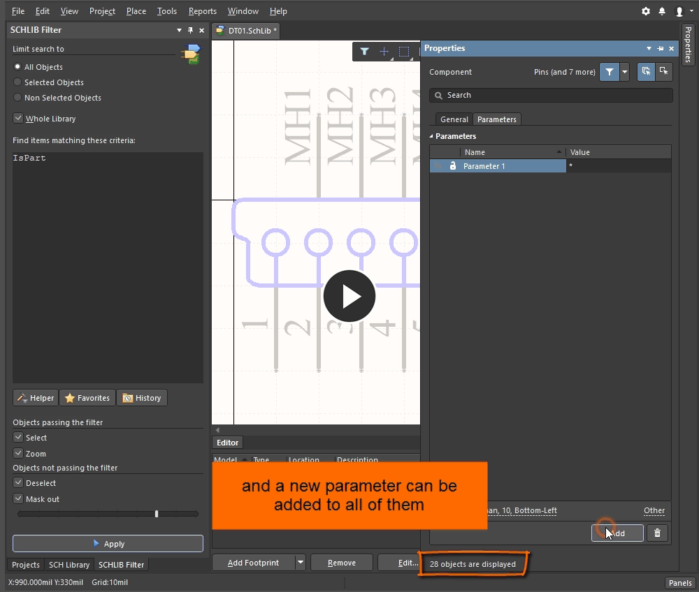 Demonstration video showing a new parameter being added to all parts in a schematic library
