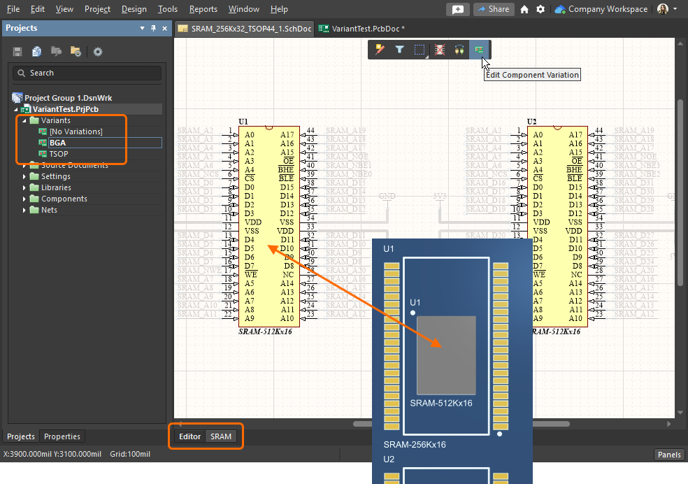 Working in the physical design view of the Schematic editor, with a specific variant 