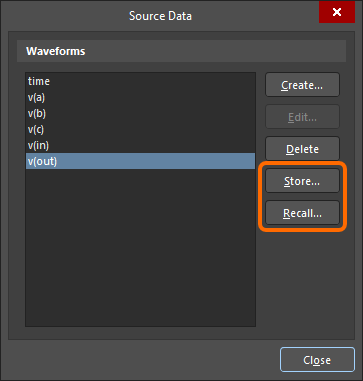 Use the Source Data dialog to store and recall waveforms.