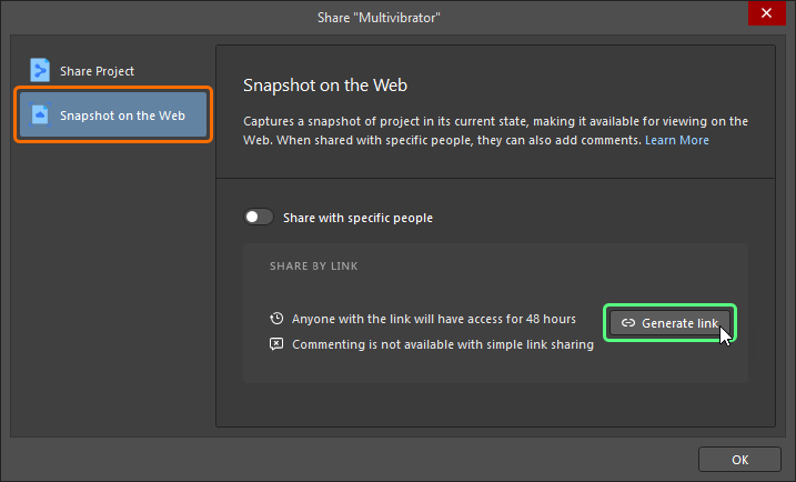 Generate a link to provide simple access to the project snapshot on the Web.