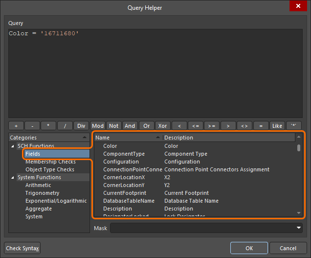 The Fields schematic query functions shown in the Query Helper dialog
