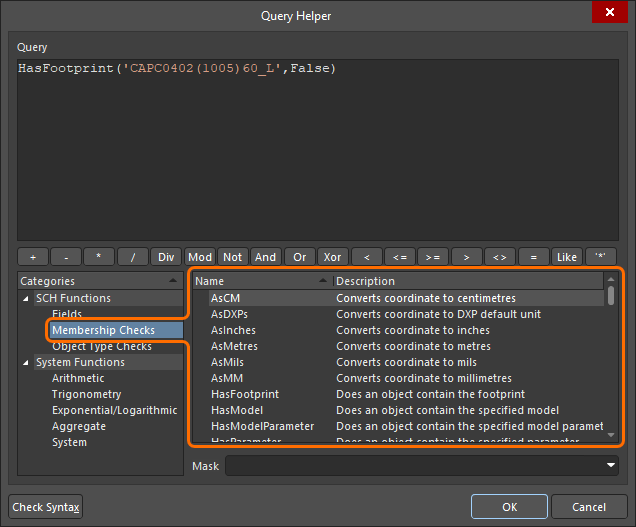 The Membership Checks schematic query functions shown in the Query Helper dialog