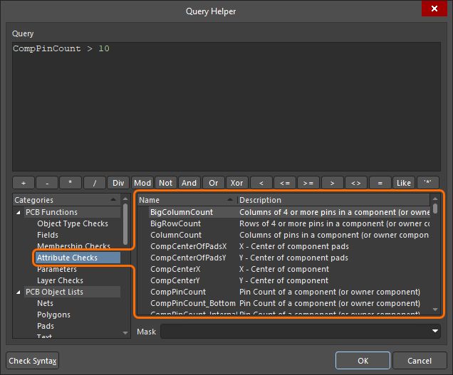 The Attribute Checks PCB query functions shown in the Query Helper dialog