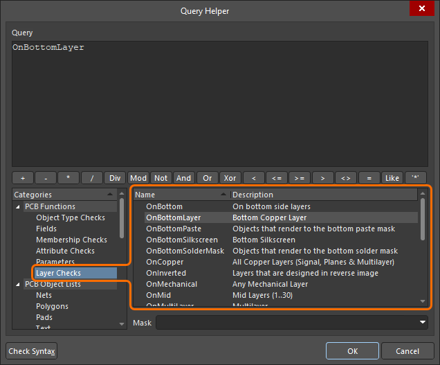 The Layer Checks PCB query functions shown in the Query Helper dialog