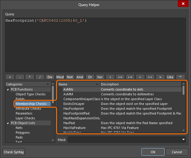 The Membership Checks PCB query functions shown in the Query Helper dialog