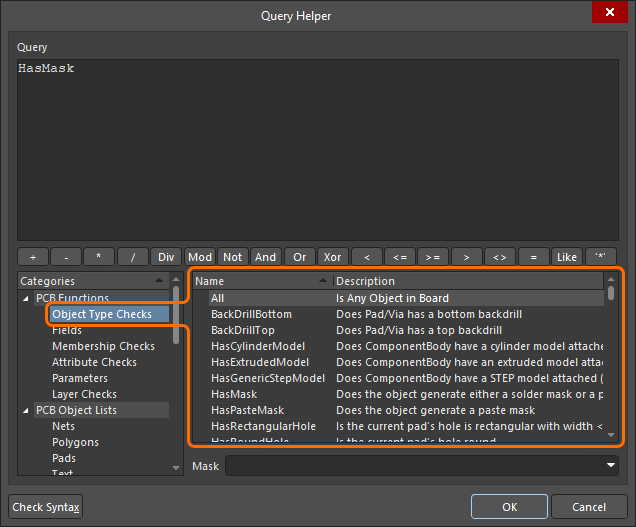 The Object Type Checks PCB query functions shown in the Query Helper dialog
