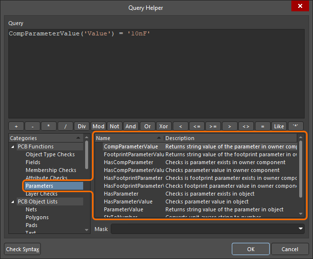 The Parameters PCB query functions shown in the Query Helper dialog