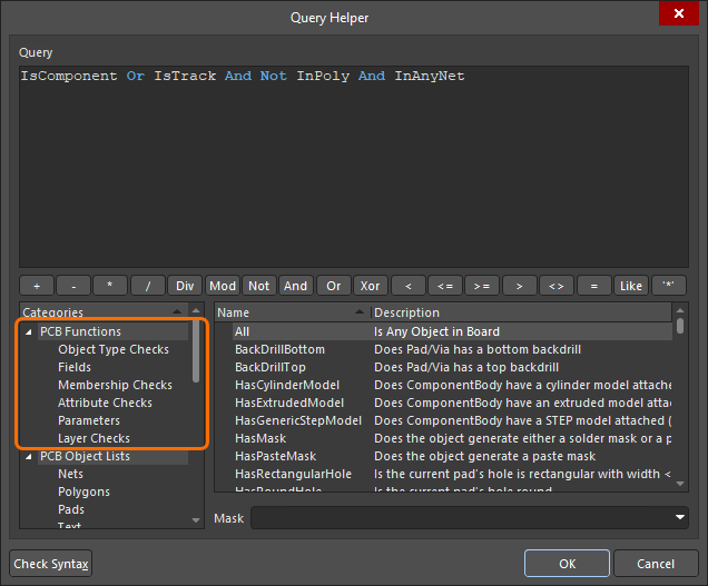 PCB query functions shown in the Query Helper dialog