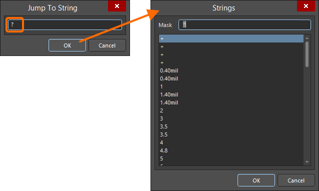 Type ? in the Jump To String dialog to access the Strings dialog listing all nets in the PCB.