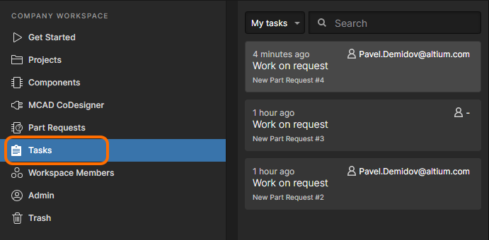 Example Part Request tasks currently assigned to, or available for assignment to, the user currently connected to the Workspace. Shown here are Part Request tasks in an Altium 365 Workspace. Hover the cursor over the image to see Part Request tasks in an Enterprise Server Workspace.