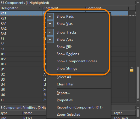 Right-click on a component or component primitive entry to select the items to include.