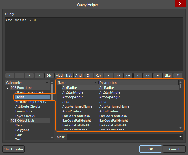 The Fields PCB query functions shown in the Query Helper dialog