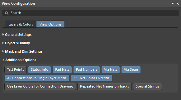 The Additional Options section of the View Configuration panel's View Options tab