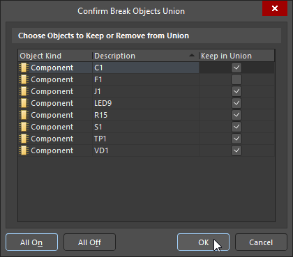 The Confirm Break Objects Union dialog