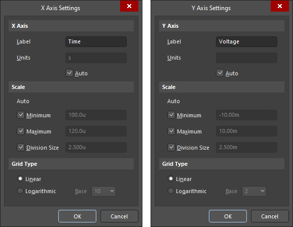 The X Axis Settings and Y Axis Settings dialogs