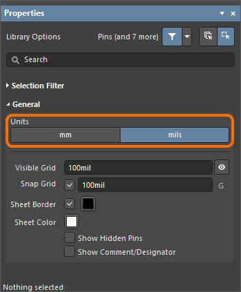 Use the General region of the Properties panel in Library Options mode to set the units for the current sheet.