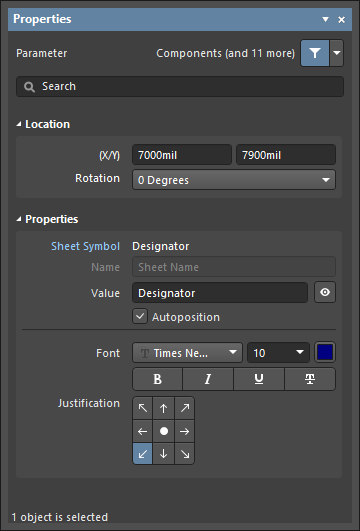 Left: Component system parameters in the Properties panel. Right: An individual system parameter in the Properties panel.