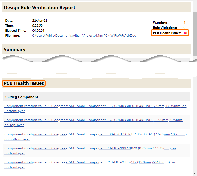 An example of the generated report when the Report PCB Health Issues option was enabled in the Design Rule Checker dialog
